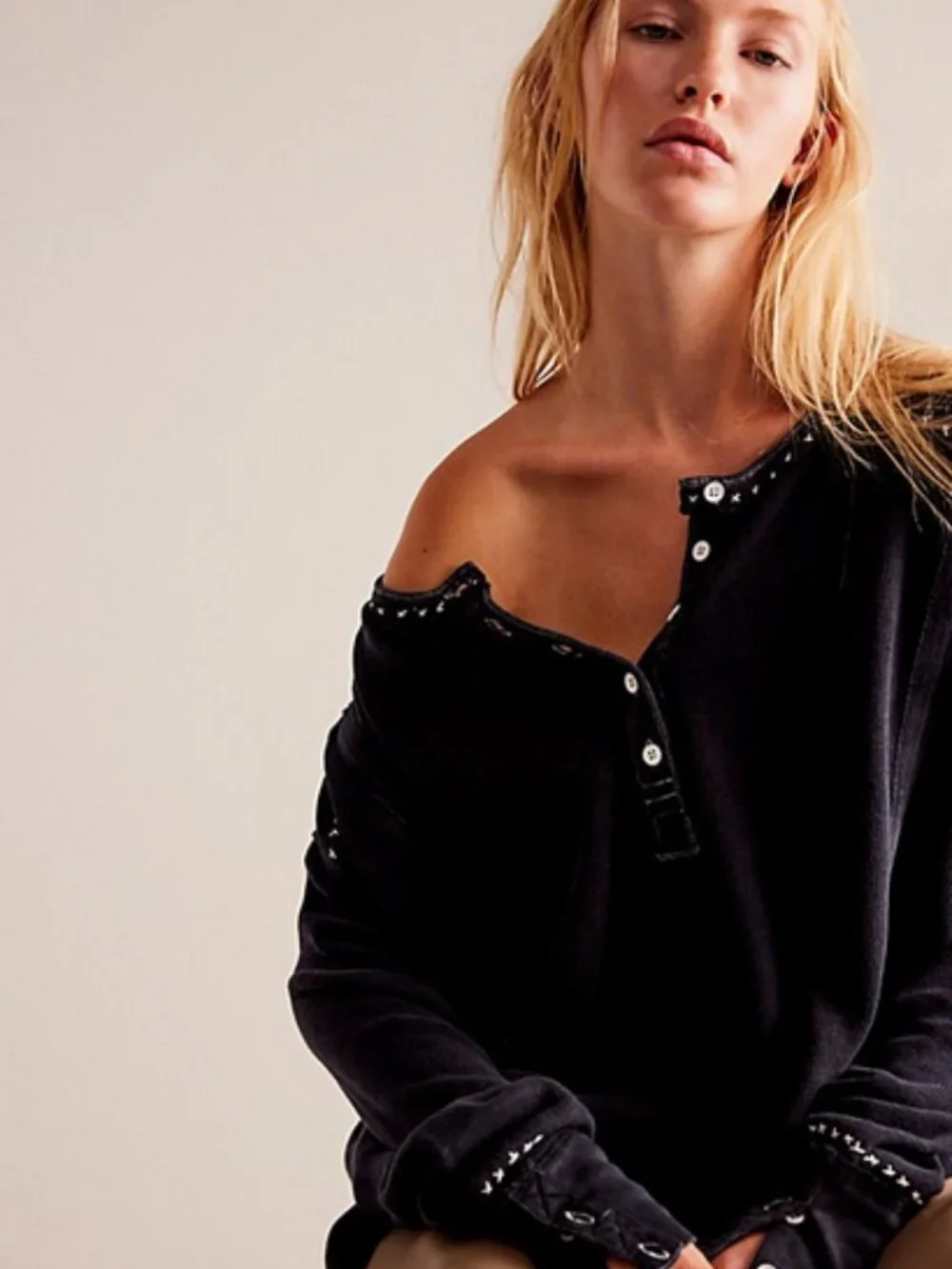 Free People We The Free Taylor Henley Top Dropped Shoulder Black S